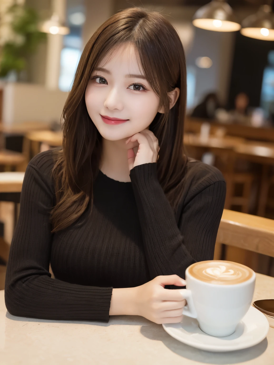 Tabletop, highest quality, figure, Very detailed, In detail, High resolution, 8k wallpaper, Perfect dynamic composition, Beautiful fine details, Long sleeve knit,Bob Hair, Center of chest, Natural color lip, Random sexy poses,smile,20-year-old girl,huge ,Cafe,coffee,