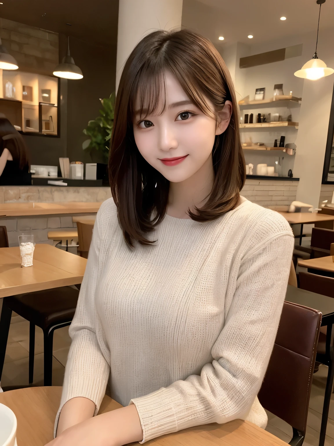 Tabletop, highest quality, figure, Very detailed, In detail, High resolution, 8k wallpaper, Perfect dynamic composition, Beautiful fine details, Long sleeve knit,Bob Hair, Center of chest, Natural color lip, Random sexy poses,smile,20-year-old girl,huge ,Cafe,coffee,