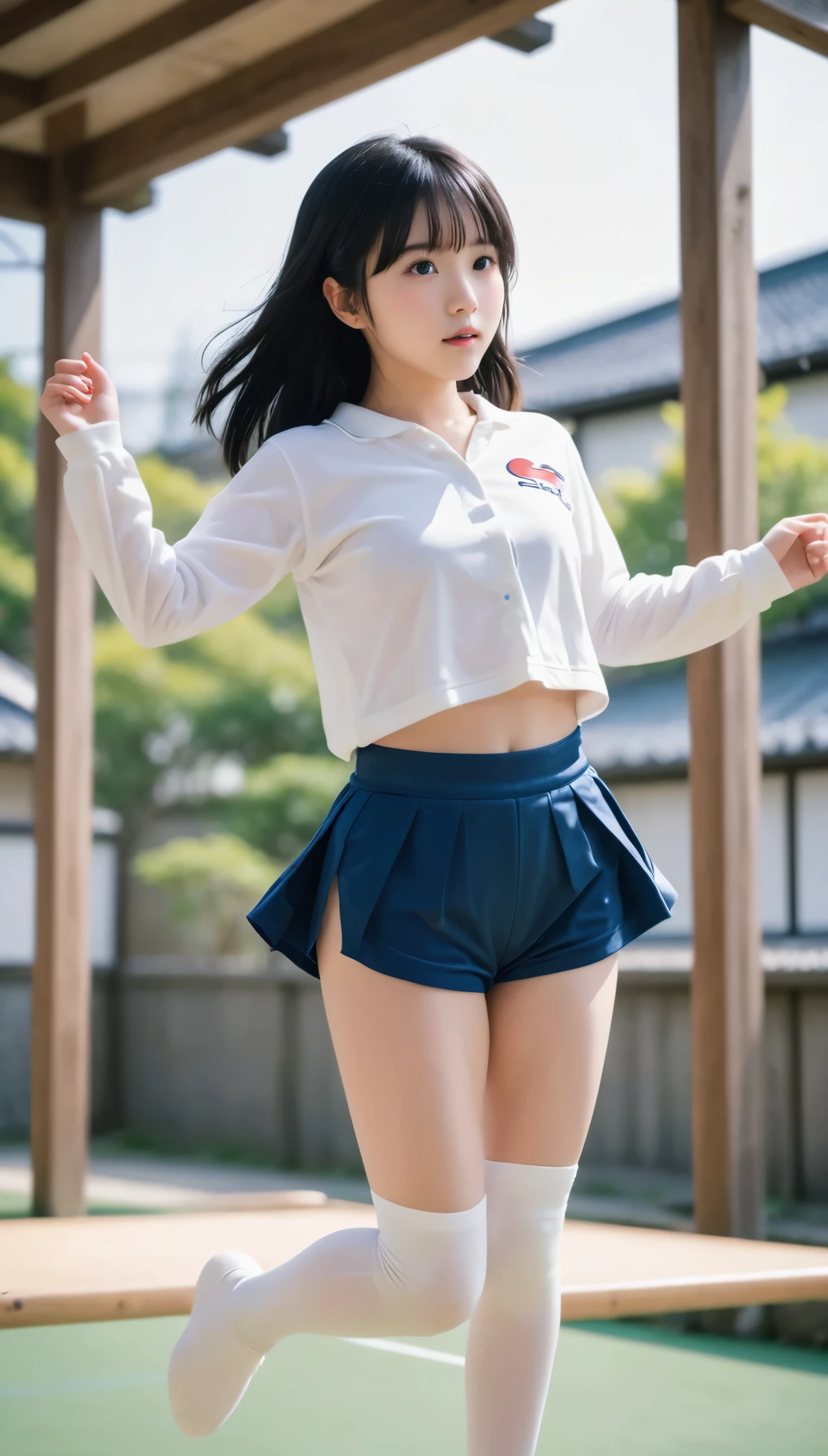 highest quality、masterpiece、live-action、Realistic、High resolution、4k、Japanese、whole body、Black Hair、、Cute Girls、15 years old、Serious expression、Gymnastics、land、High Jump、Jump、Berry Roll、Japan Schoolyard、Dynamic、-- 9:16