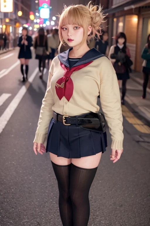 high angle shot、center view、A woman standing on a neon street at midnight、Phenomenally cute 、japanese girl uniform、summer clotheicrominiskirt、urreal 、loafers、She wears black tights that show a little bit of skin.、black tights、Japanese high school 、Nogizaka Idol、Plump thighs、Full body Esbian、garter belt、garter ring、leg garter