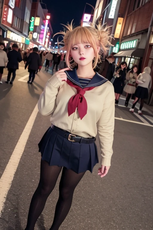 high angle shot、center view、A woman standing on a neon street at midnight、Phenomenally cute 、japanese girl uniform、summer clotheicrominiskirt、urreal 、loafers、She wears black tights that show a little bit of skin.、black tights、Japanese high school 、Nogizaka Idol、Plump thighs、Full body Esbian、garter belt、garter ring、leg garter