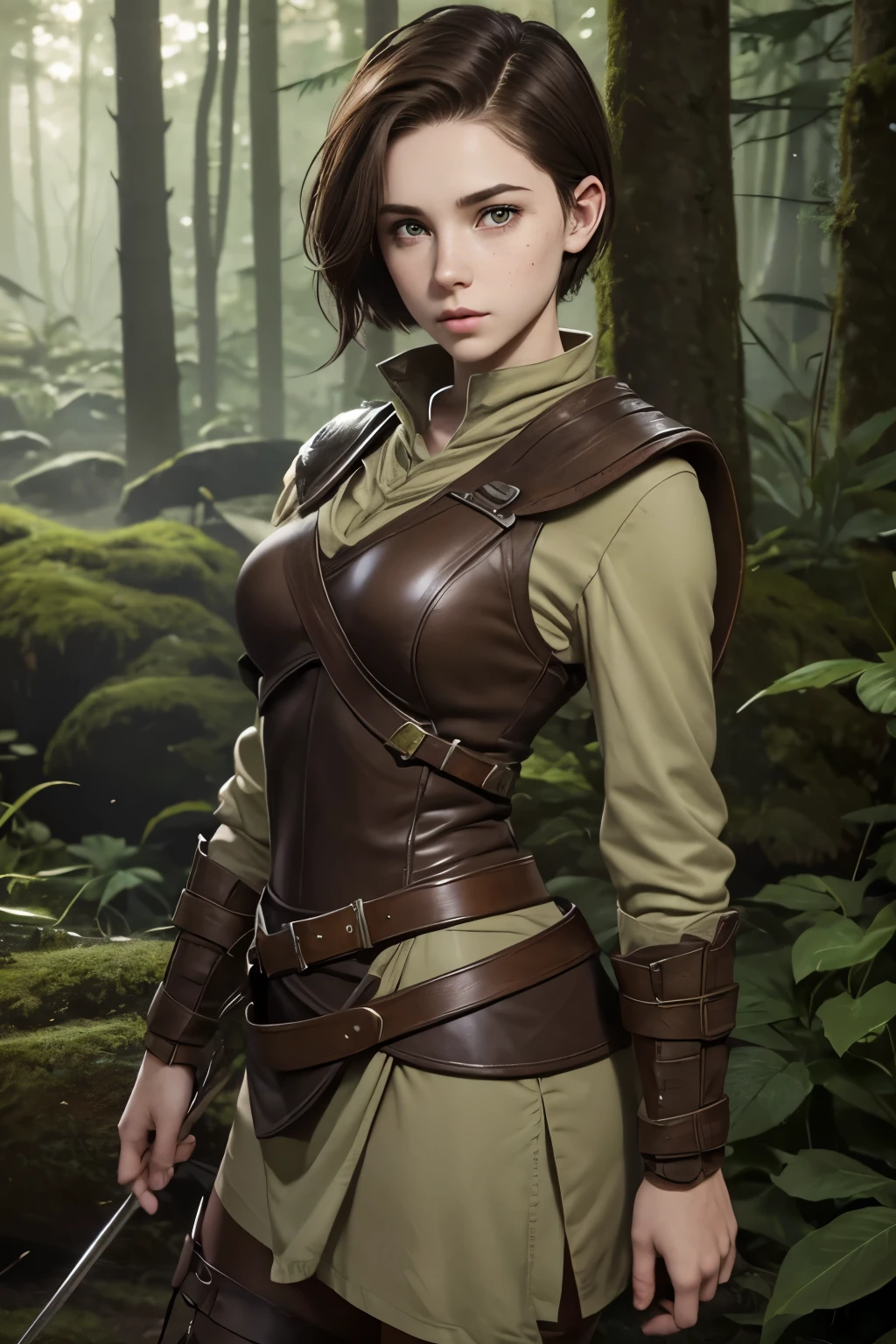 A young female ranger in a fantasy setting. Wearing a brown and green leather armor. She is rather slim. Very small breasts. Wide hips and long thick legs. Extremly pale skin with liverspots. Dark brown hair sidecut. A very very short boyish haircut. Extremly short hair with sidecut. A narrow soft face. Soft round chin. Rather big forehead. A very long and big nose. Cute curved lips. Big upturned eyes. Very bright and barley visible eyebrows. Very very thin eyebrows. Pale skin with freckles and liverspots. Long neck. Soft, Kind, friendly, Intelligent. Background: A romantic colourful forest.