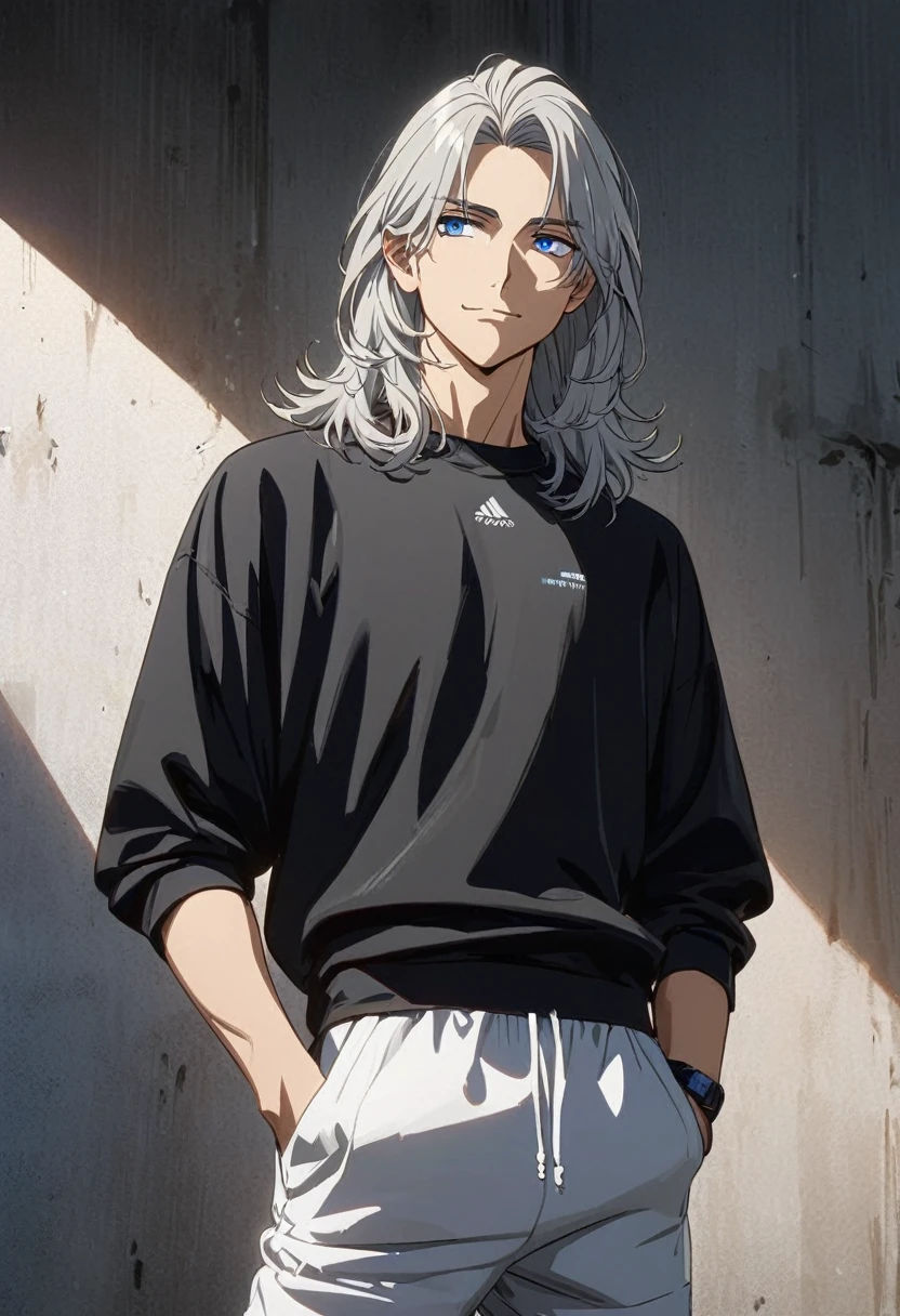 (Young guy), ((handsome)), strong, (very strong), 1guy, (solo), (silver medium hair:1.1), (blue eyes:1.1), ((eyes details)), fit body, black compression shirt, white joggers, ((light smile face expression)), anime hight quality, masterpiece, medium shot, hands in pockets, modelshot