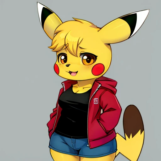 Pikachu female, tomboy , short Stack , wearing Jacket , shirt , Pikachu tall