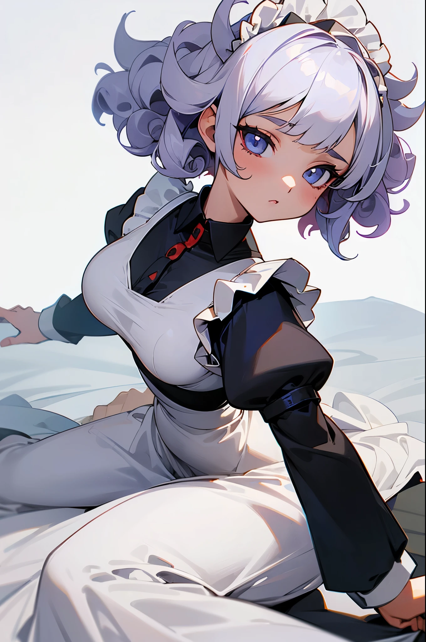 A girl frontal,((full bodyesbian,whaite hair,curlies,(the maid outfit))),Young, White background