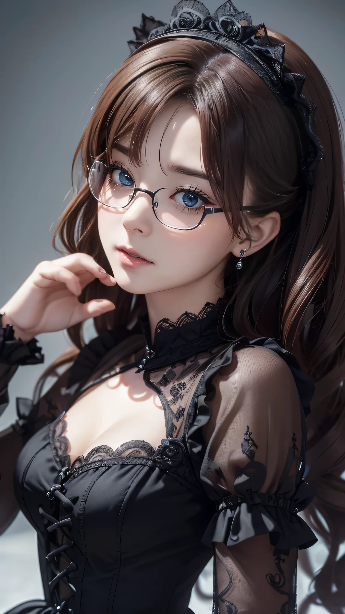 (random pose:1.2),gothic ta dress,(random pose),(random hairstyle),(Highest image quality,(8K), Ultra-realistic, Best Quality, High quality, High Definition, high quality texture, high detailing, Beautiful detailed, fine detailed, extremely details CG, Detailed texture, realistic representation of face, masterpiece, presence),(wearing glasses:1.1)