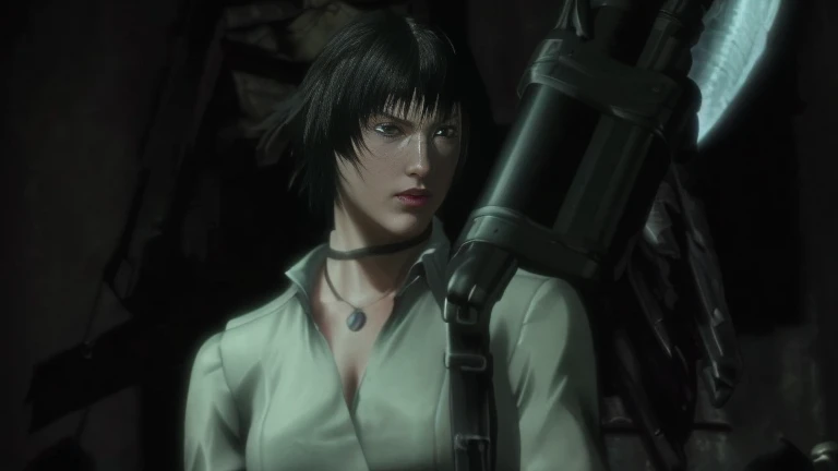 a close up of a person holding a large knife in a dark room, female protagonist,  fubuki, video game screenshot, ps 2 screenshot, female protagonist  jill valentine, video game screenshot>, video game cutscene, devil may cry, detail face,(insanely detailed, beautiful detailed face, masterpiece, best quality)