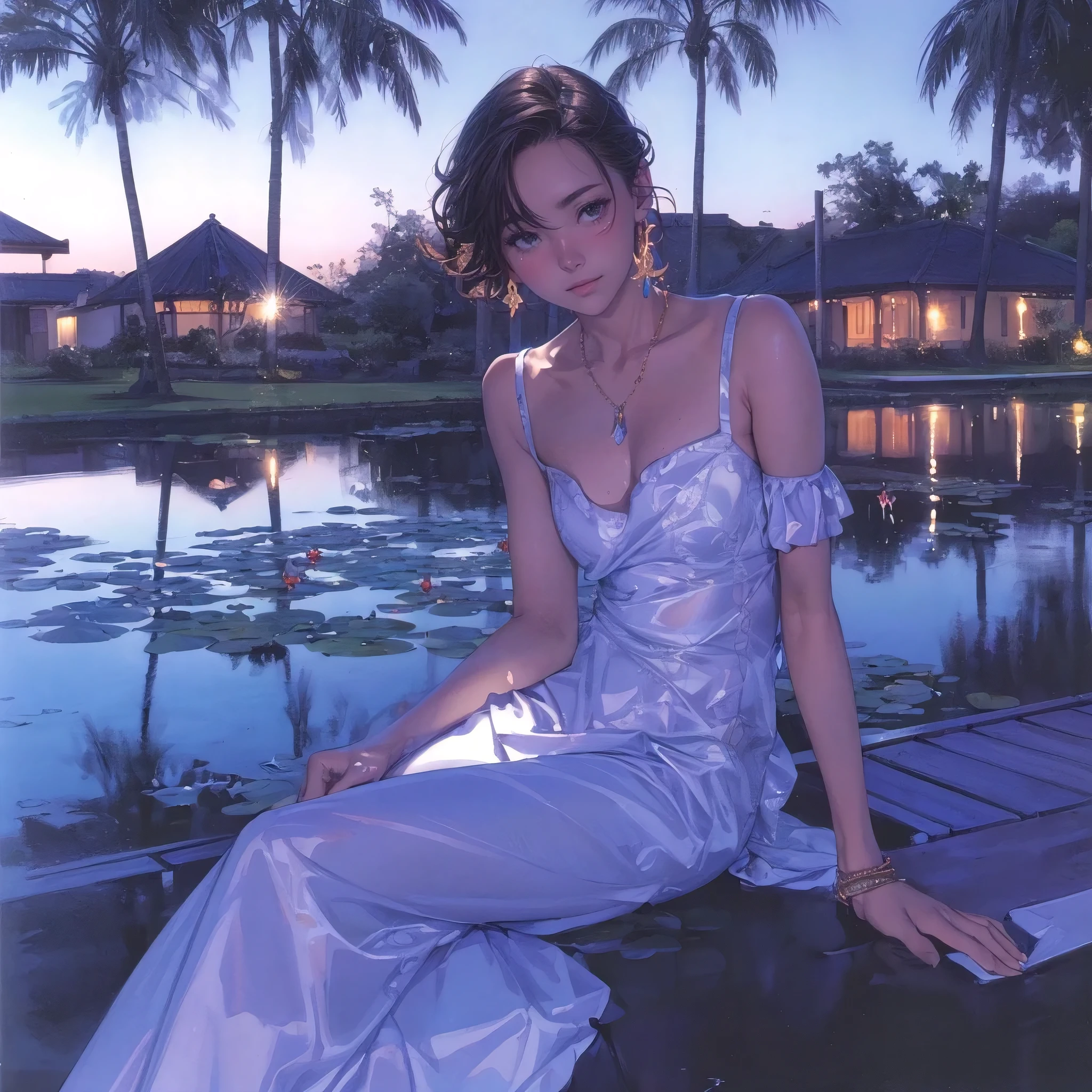 (best quality,4k,8k,highres,masterpiece:1.2),ultra-detailed,(realistic,photorealistic,photo-realistic:1.37), illustration by hajime sorayama, perfect body, hyperfeminine curves, a pond with lush vegetations, a swan, water lilies, sky, late evening, purplish hue, golden hour