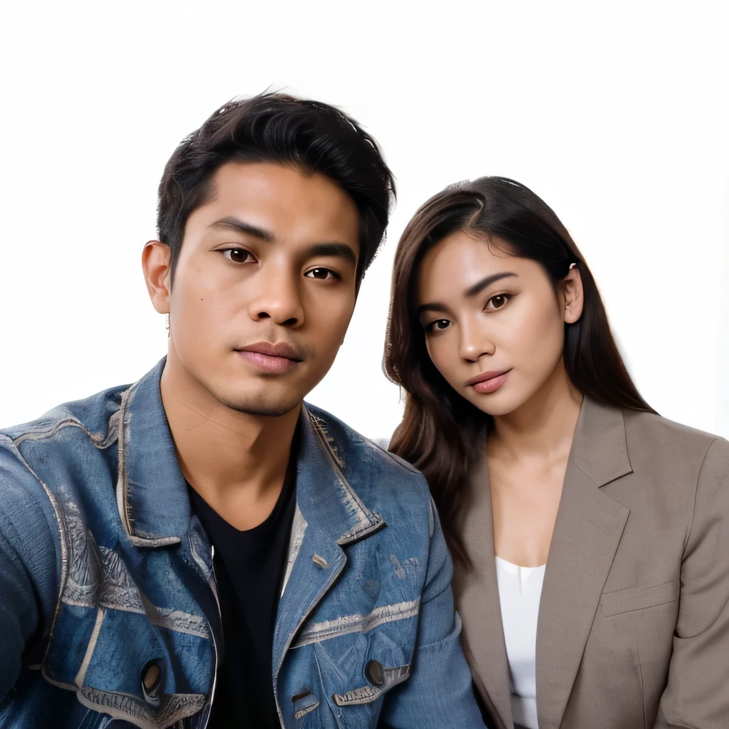 (8K, RAW Photos, selfie Photography, Highest Quality, Intricate Details), Medium shot of a 30 year old indonesian man, kinda fat muscle, nature skin, very short hair, wearing a casual clothes, side by side with a 25 year old indonesian woman with long hair, wearing blazer clothes, eye to camera, in the church, sitting, with black background 