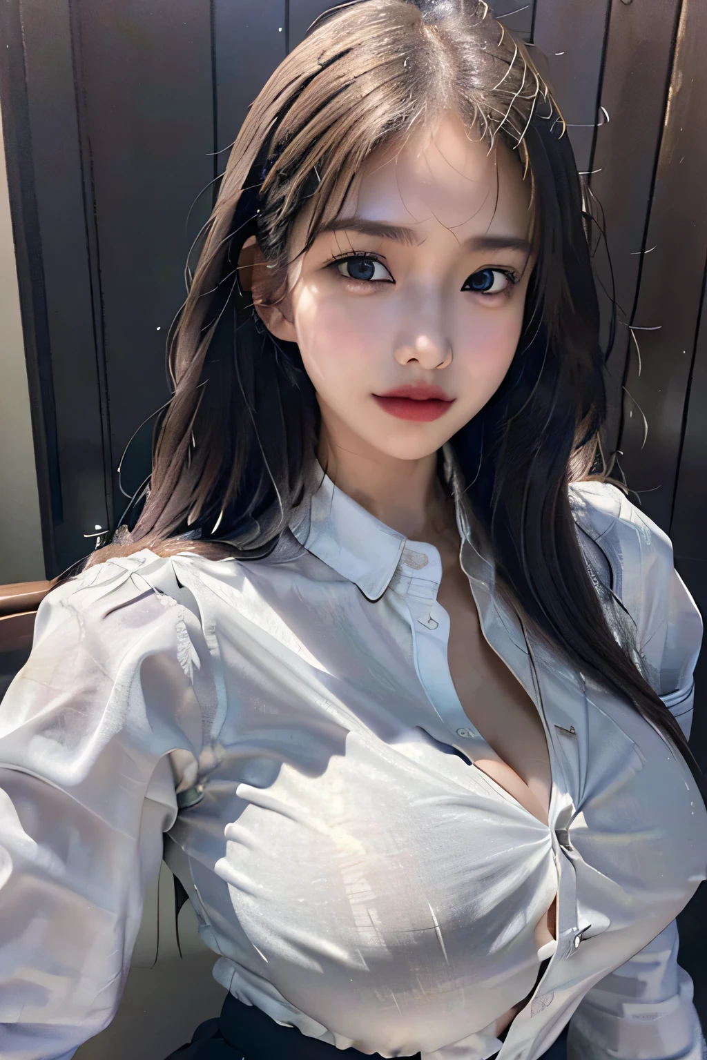 (8k:1,5),Light brown braids mixed with silver、messy hair、light brown eyes、(honorable expression)、(big breasts:1.4)、Focus on the valley、(Virtual image)、shadow、(The face has the golden ratio.:1.2)、(complicated details:1.2)、(Masterpiece、:1.3)、(Highest quality:1.4)、(Ultra high resolution:1.2)、Ultra high resolution、(Detailed eyes)、(ear details)、(Detailed eyebrows)、(Fine mouth)、(Detailed facial features)、((silver necklace))、Luxurious night bar,(School uniform:1.2),(Girls:1.2),(White shirt with open shoulders 1.3),((rift,The buttons are unbuttoned.):1.2),big breasts full