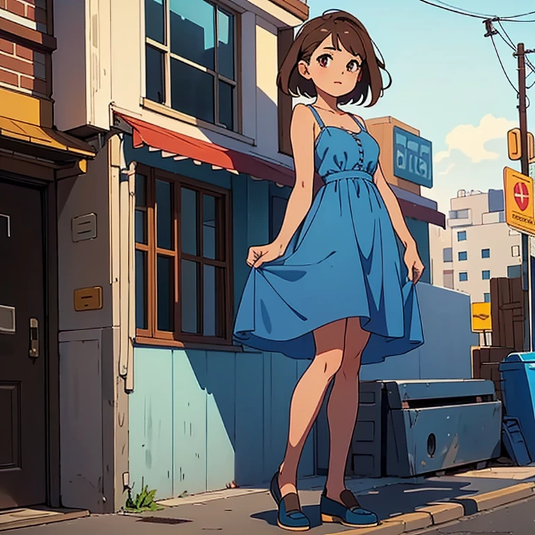 1 girl, short and brown hair, brown eyes, Thick lips ,slim, wearing a blue dress with a blue shoes