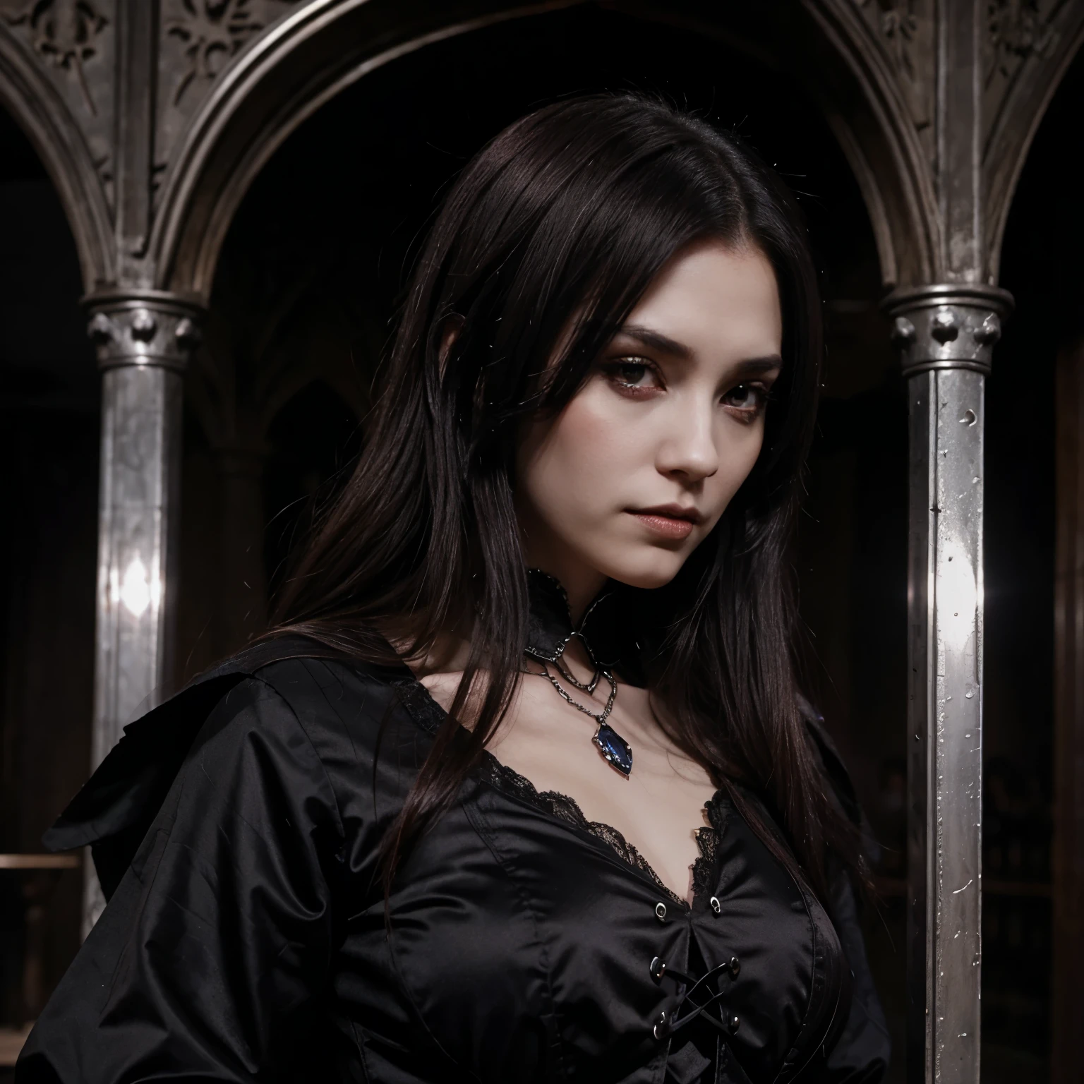 A vampire empress wearing medieval gothic clothing. De cabello largo plateado y ojos rojos. Estilo anime.