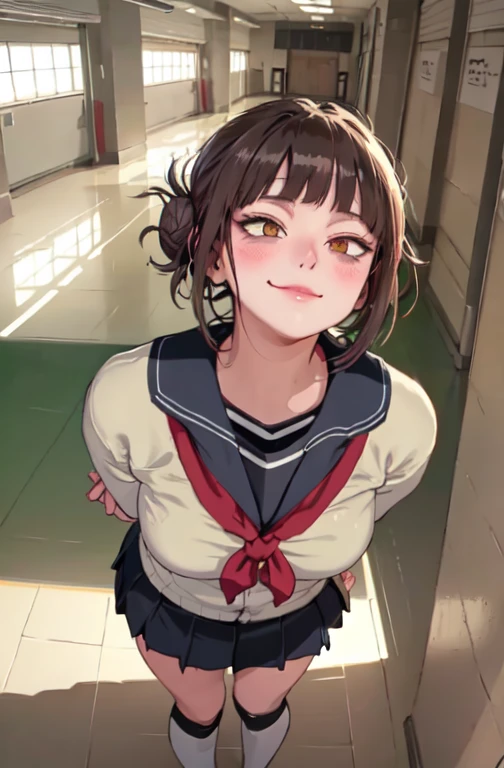 1lady solo, (looking up) from above, /(volleyball uniform/), /(dark brown hair/) bangs, blush light smile, (masterpiece best quality:1.2) delicate illustration ultra-detailed, large breasts, (arms behind back) BREAK /(indoor stadium hallway/) indoors