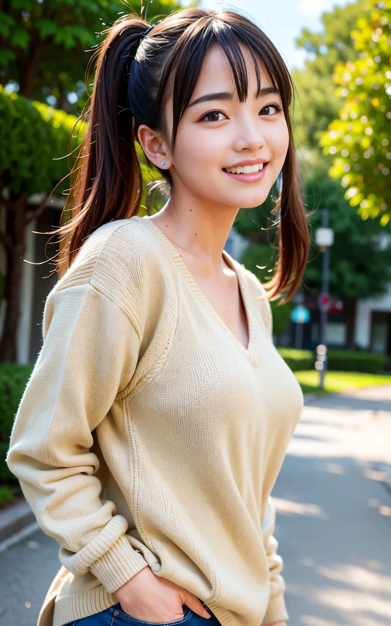 (((upper body shot))),(((sagging breasts))),Ultra-high resolution,big eyes,(brown eyes),Japanese,(forehead),(a girl),(1 girl),((18-year-old)),cute,pretty,((facing at viewer)),grin,(比基尼)