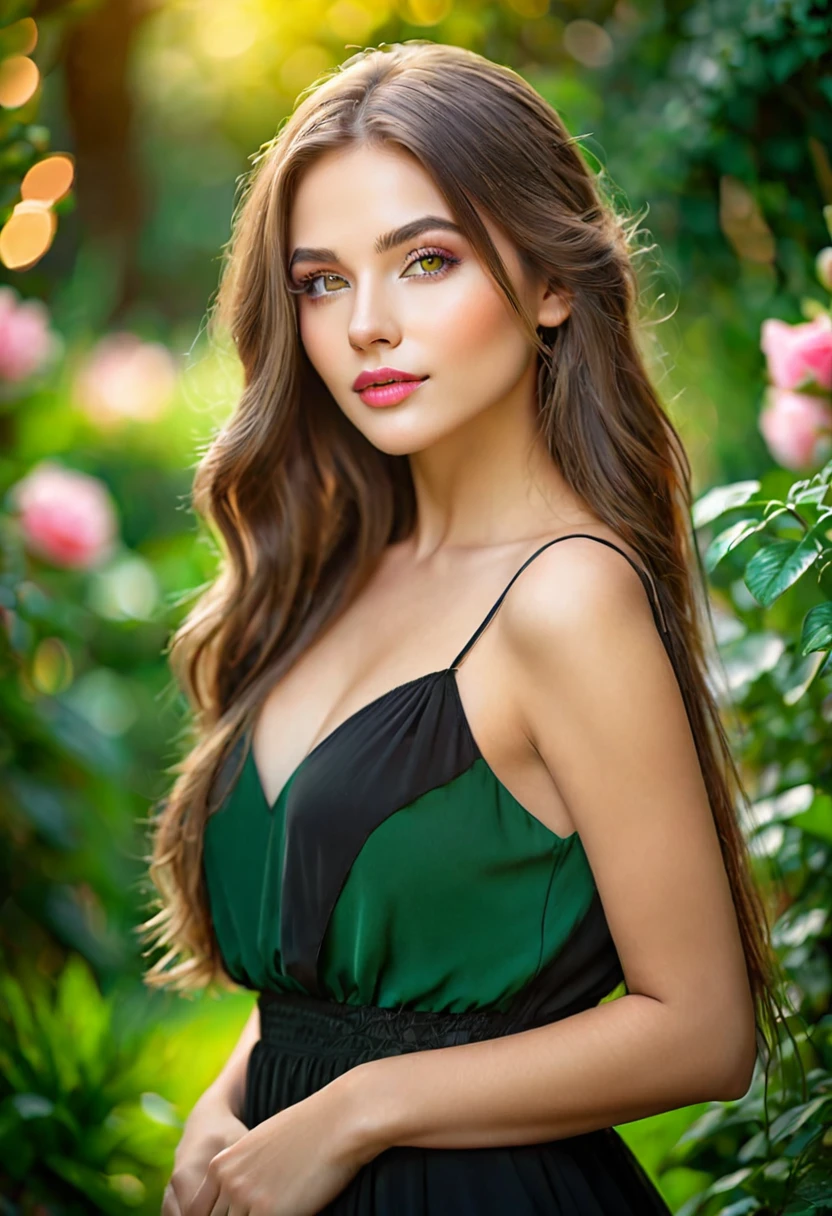 Best quality,high resolution,Ultra-detailed,(Realistic:1.37),(portrait:1.1),(photography:1.1),Vivid colors,soft lighting,beautiful detailed eyes,beautiful detailed lips,(long hair:1.1),(natural beauty:1.1),graceful pose,(black dress:1.1),rosy cheeks,green garden background,subtle bokeh,serene ambience