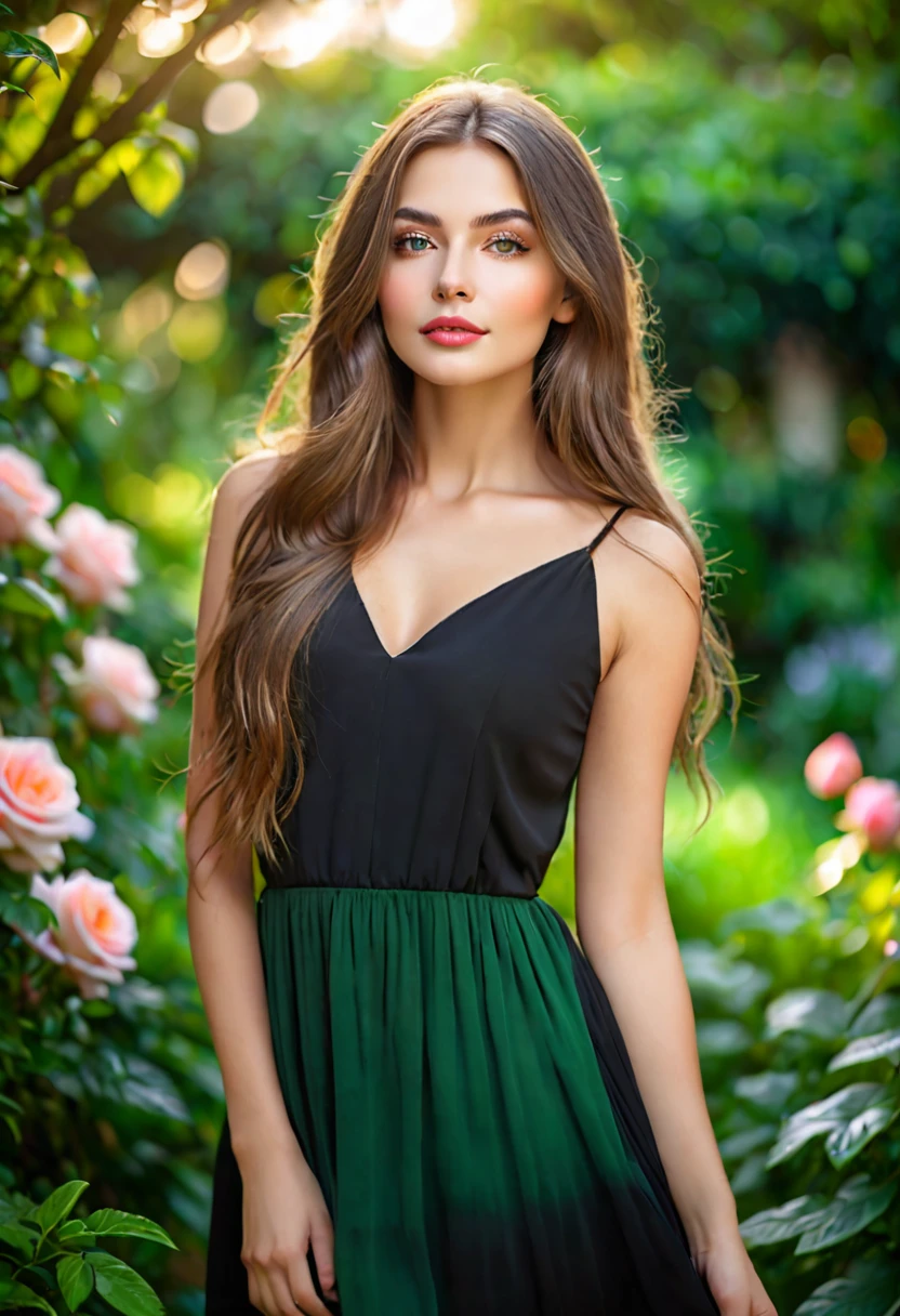 Best quality,high resolution,Ultra-detailed,(Realistic:1.37),(portrait:1.1),(photography:1.1),Vivid colors,soft lighting,beautiful detailed eyes,beautiful detailed lips,(long hair:1.1),(natural beauty:1.1),graceful pose,(black dress:1.1),rosy cheeks,green garden background,subtle bokeh,serene ambience