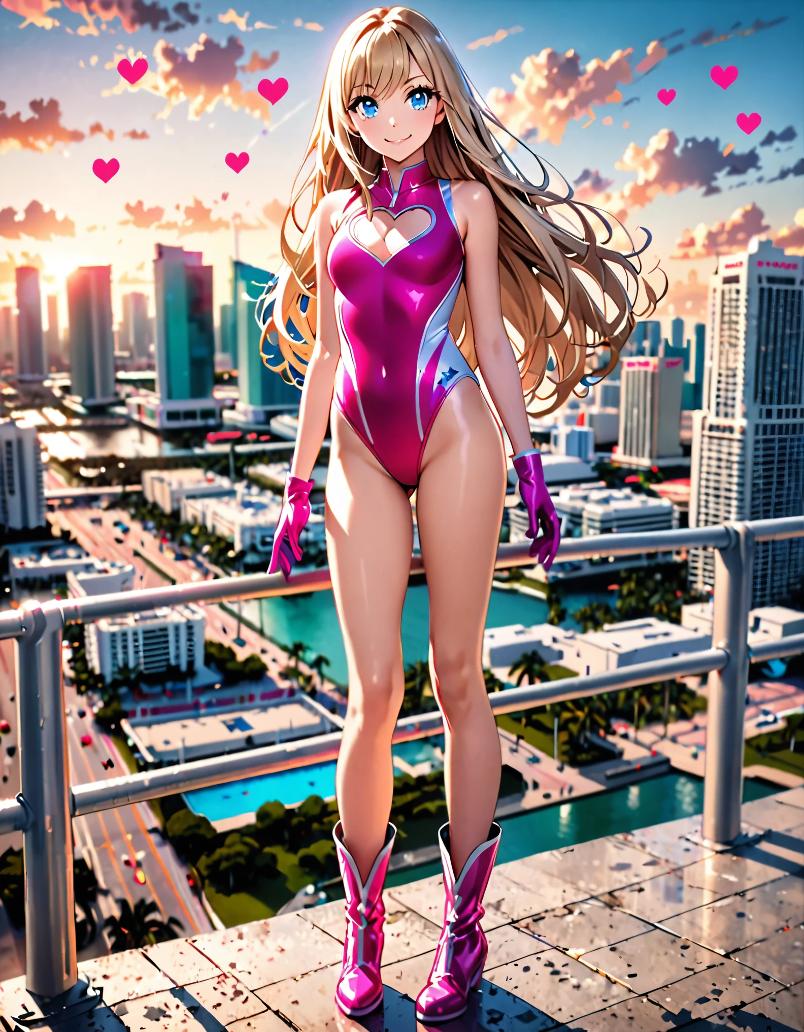 (masterpiece:1.3),(very detailed:1.3),(High resolution:1.1),highest quality,Super detailed, 1girl, solo, solo focus, (leotard, gymnast outfit leotard, pink leotard, sleeveless, bare legs), matching boots, looking at the viewer, miami city backdrop, (perfect hands), perfect anatomy, medium breasts, (blonde hair, long hair, mid-length hair, hair down, bangs), knee-high boots, blue eyes, beautiful detailed eyes, beautiful detailed face, cute face, (cleavage heart cutout), pink gloves, pink footwear, superhero, casual, smile, single, standing, standing straight, full body with costume, :d