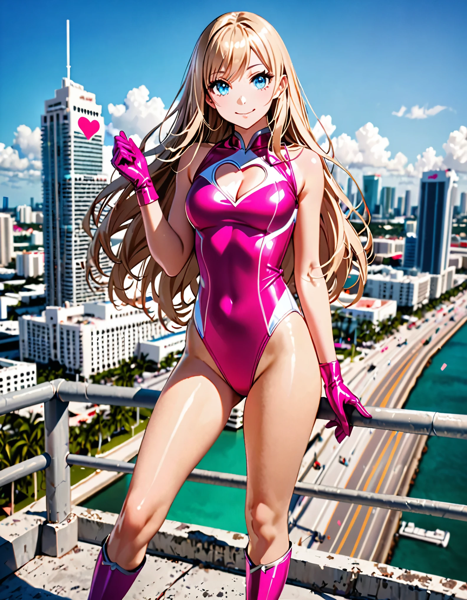 (masterpiece:1.3),(very detailed:1.3),(High resolution:1.1),highest quality,Super detailed, 1girl, solo, solo focus, (leotard, gymnast outfit leotard, pink leotard, sleeveless, bare legs), matching boots, looking at the viewer, miami city backdrop, (perfect hands), perfect anatomy, medium breasts, (blonde hair, long hair, mid-length hair, hair down, bangs), knee-high boots, blue eyes, beautiful detailed eyes, beautiful detailed face, cute face, (cleavage heart cutout), pink gloves, pink footwear, superhero, casual, smile, single, standing, standing straight, full body with costume, :d