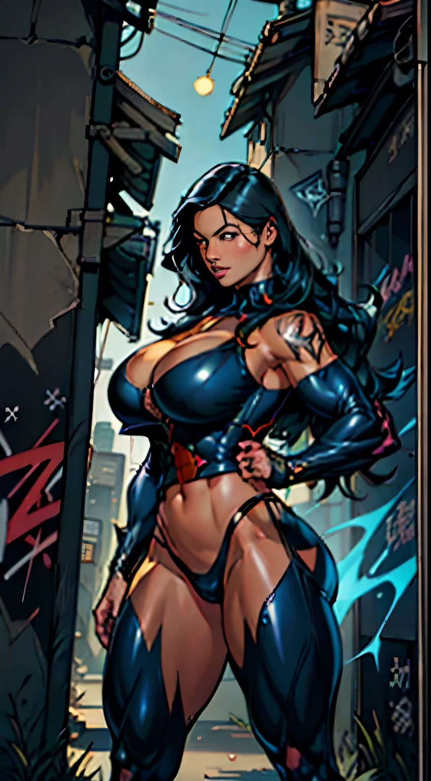 ::Superhero Inking Comix by Richarda Luonga ::Background, mixed-language_text, Japanese graffiti letters , Kelly Brook beautiful woman , long black hair, excellent lighting, side lighting, perfect ult, story in comics,Comic cover style,The name of the comic book,,fleshy part of the thigh,super detailed face,Deep rendering