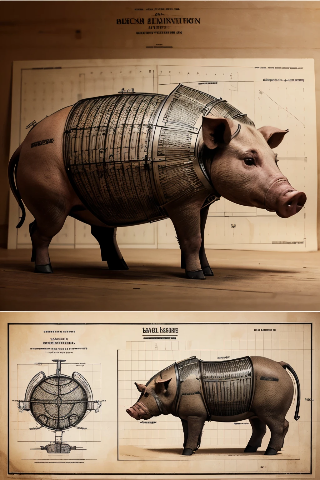 Highly detailed technical drawing of a pig. The illustrations should include a side view, cross-sections, and exploded views to show both the exterior and interior organs. Labeled parts with annotations specifying materials, dimensions, and other anatomic specifications. Style vintage engineering blueprint, and educational intent
