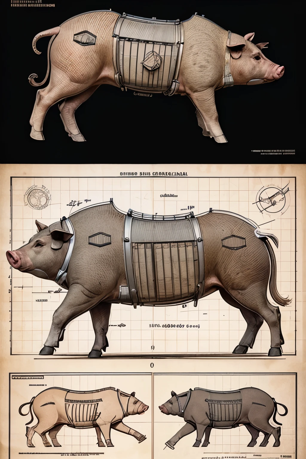 Highly detailed technical drawing  of a pig. The illustrations should include a side view, cross-sections, and exploded views to show both the exterior and interior organs. Labeled parts with annotations specifying materials, dimensions, and other anatomic specifications. Style vintage engineering blueprint, and educational intent