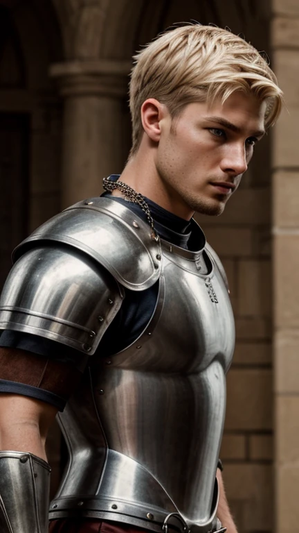 realistic full-body photo portrait, movie still style, shallow depth of view, side view
A 25 years old years old medieval knight, shirtless, in armor, in medieval castle
Blonde crew cut hair, tight necklace, steel bracelet, armoured legs, average build body, pale white skin,
front soft light, blush face, soft looks, super detail eyes, super detail face, detailed pupil, Chiseled face, Super detailed face, Light blush, soft lighting, 64k resolution, Porcelain profile,