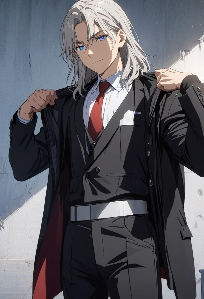 (Young guy), ((handsome)), strong, (very strong), 1guy, (solo), (silver medium hair:1.1), (blue eyes:1.1), ((eyes details)), fit body, , black jacket, opened jacket, white dress shirt, red necktie, black dress pants, ((light smile face expression)), anime hight quality, masterpiece, medium shot, modelshot