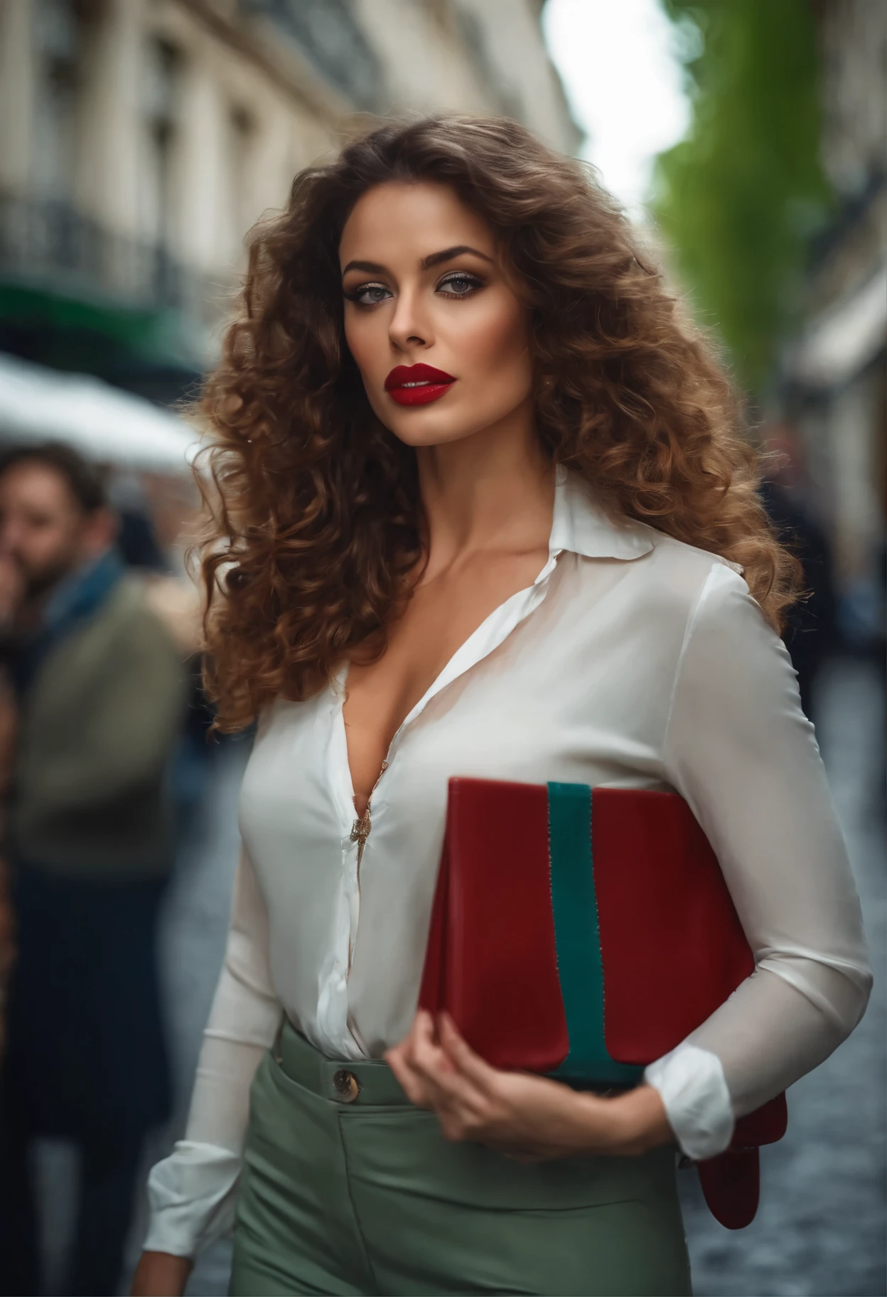 belle femme brune, rouge a levre, regard coquin, curly hair, sexy, mince, gros seins,Hyper detailed, marche dans la rue a paris, yeux verts, clairs