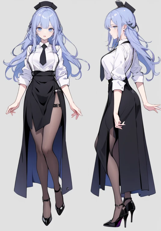 ((Perfect Face)),Purple Hair,voluminous long hair,Adult female,bartender,suit,Black vest,((Shirt with rolled up sleeves)),tie,skirt,slit,High heels,,((Simple Background)),smile,((Full Body)),((full body)),Character portrait,virtual,upright,,Both arms are down,Standing upright,