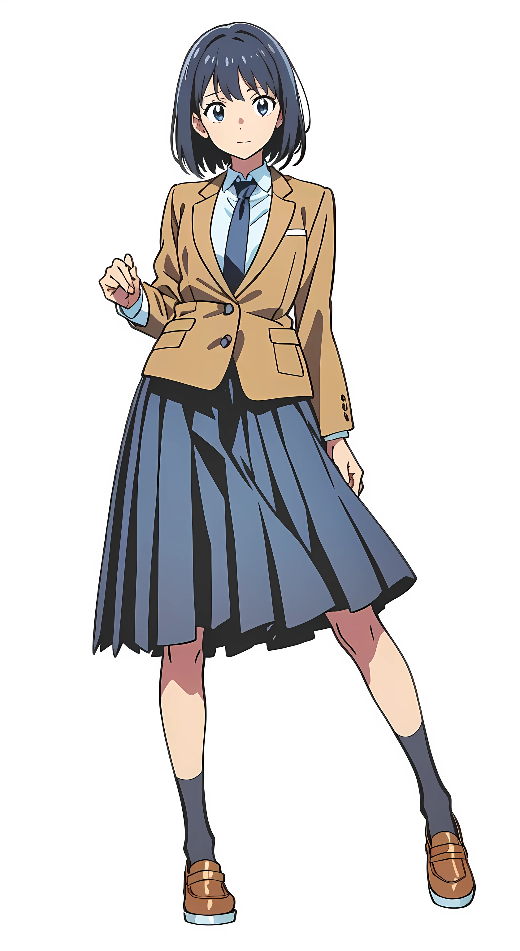 (tareme:1.5), (white background:1.0), (best quality:1.0), (masterpiece:1.0), (super fine illustration:1.0), (beautiful artwork:1.0), (anime screencap:1.0), (official art:1.0), (full body:1.0), (solo:1.0), (HSGA:1.0), (a 18yo cute girl:1.0), (long skirt:1.0), (dark blue skirt:1.0), (pleated skirt:1.0), (school uniform beige blazer:1.0), (dark blue necktie:1.0), (loafers:1.0), (black socks:1.0), (ideal ratio body proportions:1.0), (lanky:1.0), (tall:1.0), (slender:1.0), (small breasts:1.0), (smaller face:1.0), (tareme:1.0), (detailed beautiful eyes:1.0), (detailed beautiful face:1.0), (glowing black eyes:1.0), (bob cut hair:1.0), (black hair:1.0), (standing:1.0), (looking at viewer:1.0)