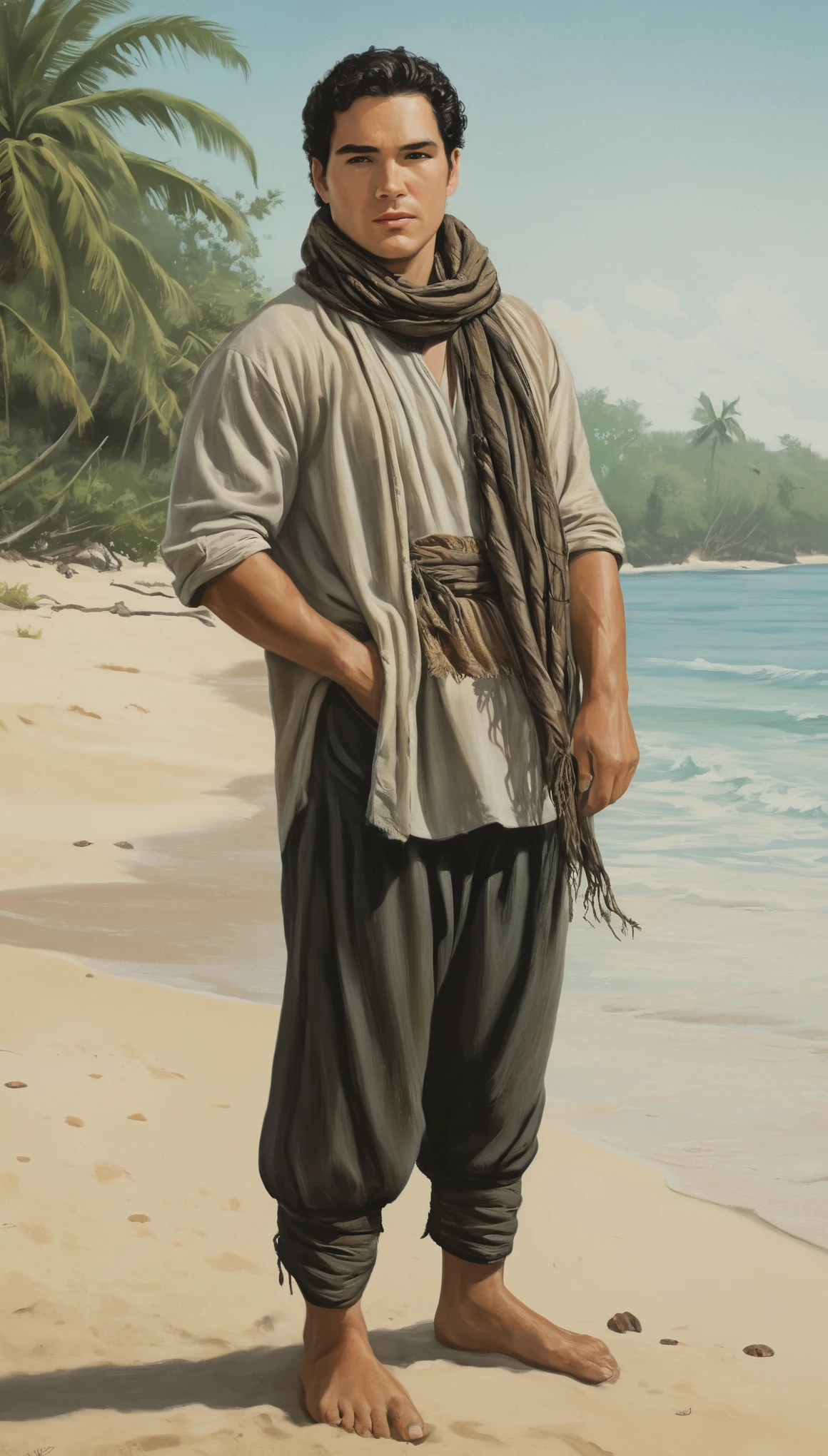 An illustrated movie poster, hand-drawn, full color, a male fisherman, 24 years-old, resembles Dean Cain, wearing ankle-banded pants and a shemagh scarf, fair skin, stocky physique, deep brown eyes, wide bulbous nose, black hair, curly quiff, thick bushy eyebrows, extremely hairy chest, stomach, and arms, lots of body hair, posing on a tropical beach, hard shadows, graphite shading, stencil markings, airbrushed acrylic paint, masterpiece, in the style of Lord of the Rings