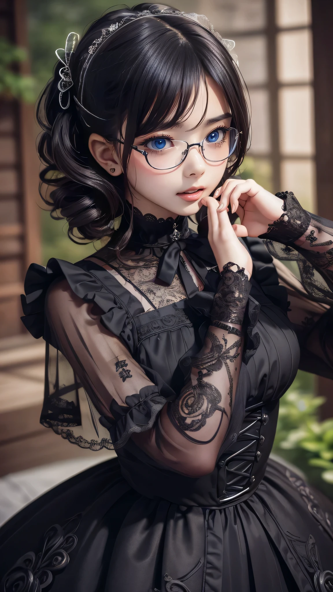 (random pose:1.2),gothic ****ta dress,(random pose),(random hairstyle),(Highest image quality,(8K), Ultra-realistic, Best Quality, High quality, High Definition, high quality texture, high detailing, Beautiful detailed, fine detailed, extremely details CG, Detailed texture, realistic representation of face, masterpiece, presence),(wearing glasses:1.1)