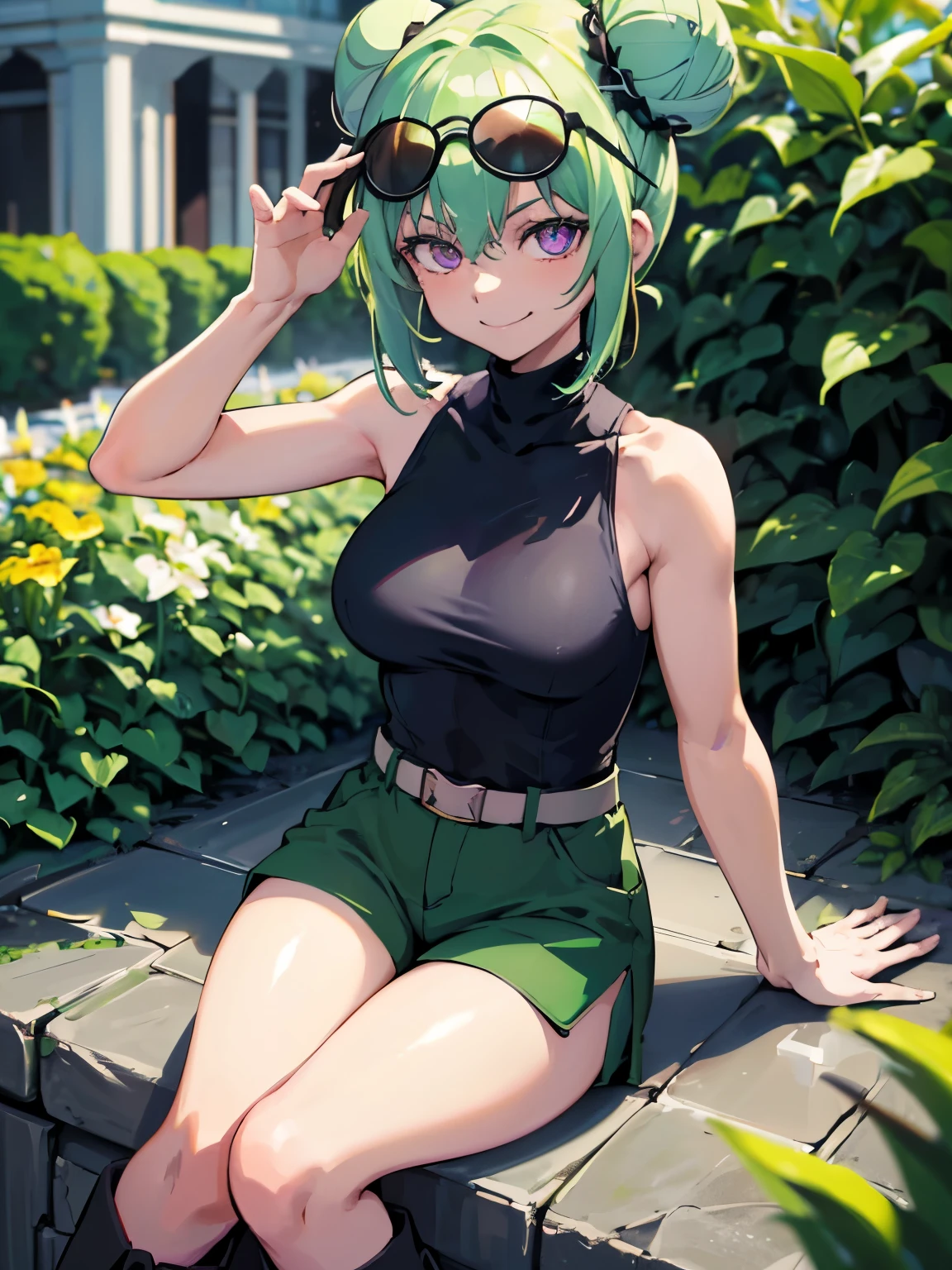 (highres), (best quality), (detailed) 1 girl, alone, medium hair, pastel green hair, twin buns, evil smile, violet eyes, round black sunglasses on head, black sleeveless turtleneck top, green shorts, dark brown boots, day time, garden, playing with dices