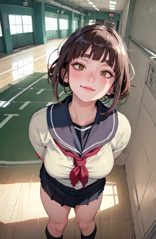 1lady solo, (looking up) from above, /(volleyball uniform/), /(dark brown hair/) bangs, blush light smile, (masterpiece best quality:1.2) delicate illustration ultra-detailed, large breasts, (arms behind back) BREAK /(indoor stadium hallway/) indoors