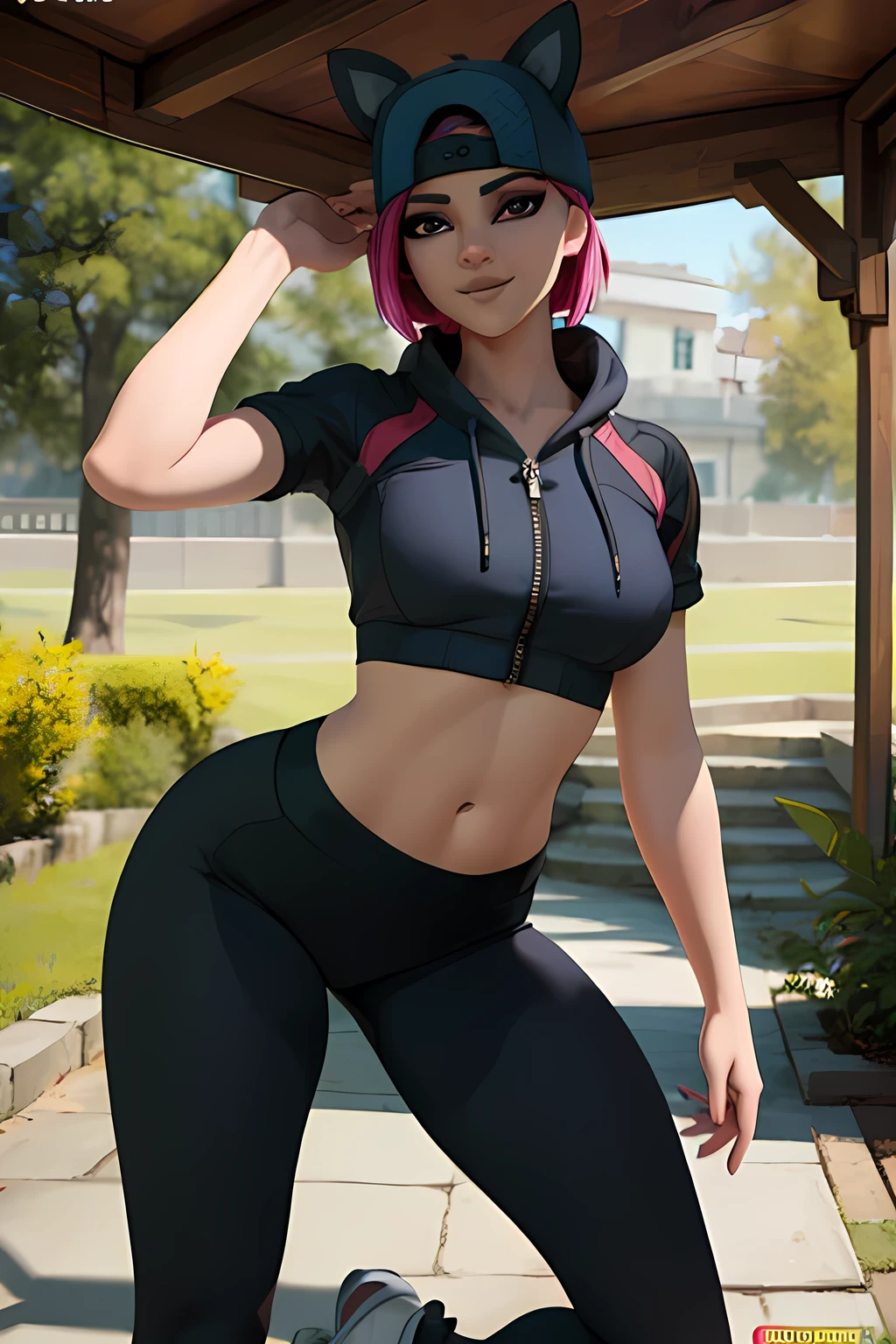 1 chica, (Obra maestra), (mejor calidad), de pie, (solo), mirando al espectador, alto detallado,extremadamente detallado, ojos finos, sonrisa,dynamic pose, pelo corto rosa,gorra,top corto, chaqueta,guante sin dedos,curvas,bosque,Anteojos,(leggins grises),(retrato:1.2),