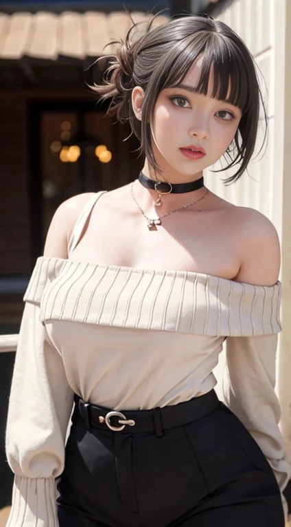 black hair bob,(8K,RAW photos,realisticlying:1.25),(Very lip glosany eyelashes,HighestQuali,Ultra-high resolution,depth of fields,color difference,Caustics,Wide light,natural color,Japanese,Women in their 30s) staring at the audience,choker necklace,bangle,choker necklace,choker necklace,Off-the-shoulder attire,full bodyesbian,,Chest moles,