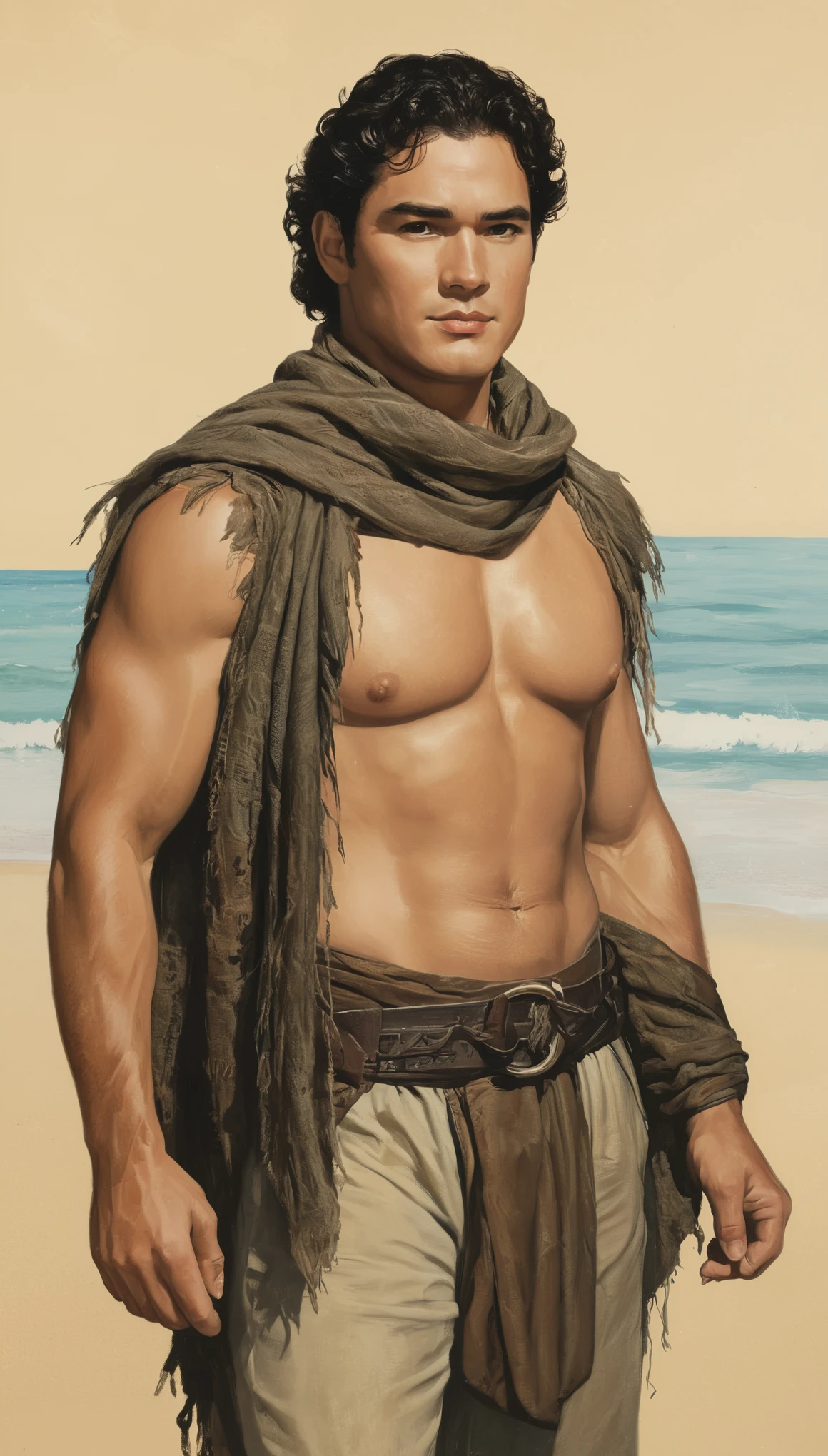 An illustrated movie poster, hand-drawn, full color, a male fisherman, 24 years-old, resembles Dean Cain, wearing buccaneer breeches and a shemagh scarf, fair skin, stocky physique, deep brown eyes, wide bulbous nose, black hair, curly quiff, thick bushy eyebrows, extremely hairy chest, stomach, and arms, lots of body hair, posing on a tropical beach, hard shadows, graphite shading, stencil markings, airbrushed acrylic paint, masterpiece, in the style of Lord of the Rings 