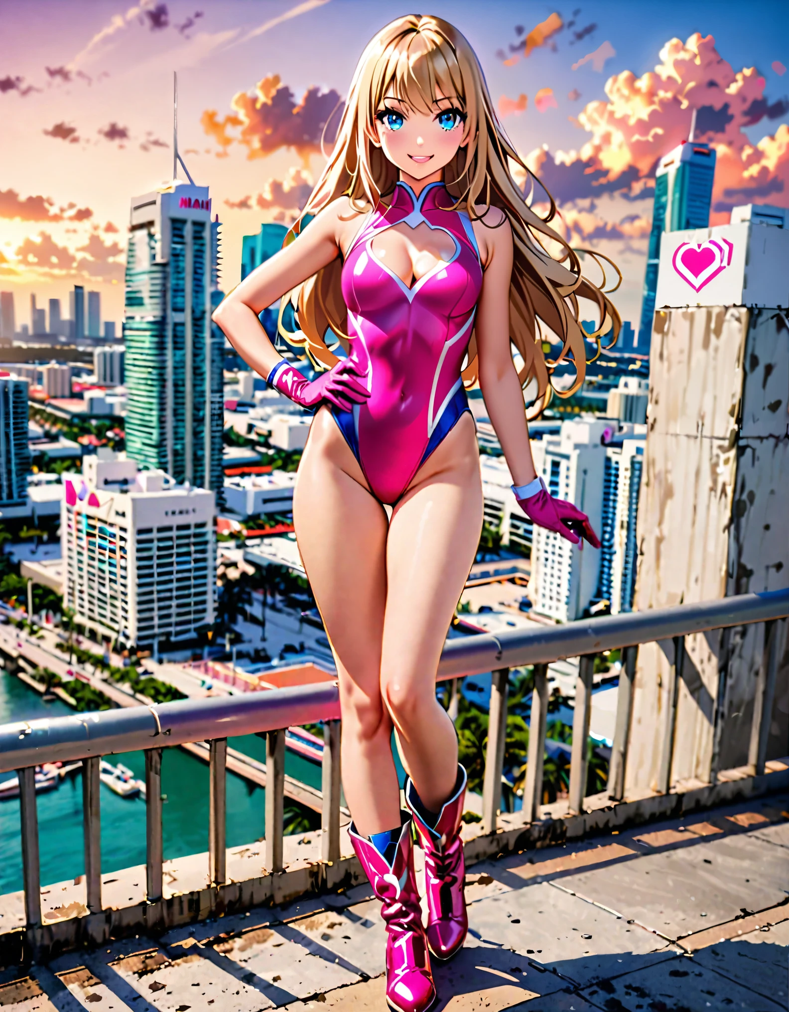 (masterpiece:1.3),(very detailed:1.3),(High resolution:1.1),highest quality,Super detailed, 1girl, solo, solo focus, (leotard, gymnast outfit leotard, pink leotard, sleeveless, bare legs), matching boots, looking at the viewer, miami city backdrop, (perfect hands), perfect anatomy, medium breasts, (blonde hair, long hair, mid-length hair, hair down, bangs), knee-high boots, blue eyes, beautiful detailed eyes, beautiful detailed face, cute face, (cleavage heart cutout), pink gloves, pink footwear, superhero, casual, smile, single, standing, standing straight, full body with costume, :d