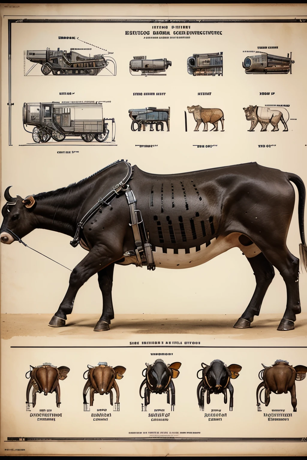 Highly detailed technical drawing of a cow The illustrations should include a side view, cross-sections, and exploded views to show both the exterior and interior organs. Labeled parts with annotations specifying materials, dimensions, and other anatomic specifications. Style vintage engineering blueprint, and educational intent