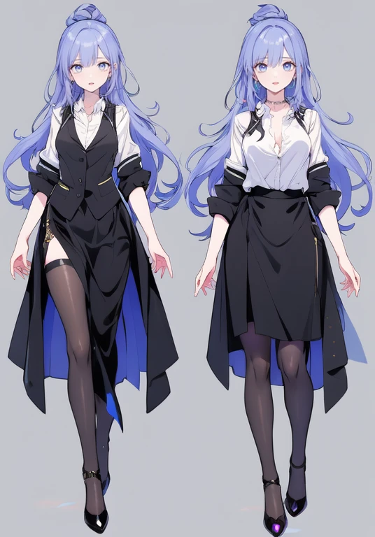 ((Perfect Face)),Purple Hair,voluminous long hair,Adult female,bartender,suit,Black vest,((Shirt with rolled up sleeves)),tie,skirt,slit,High heels,,((Simple Background)),smile,((Full Body)),((full body)),Character portrait,virtual,upright,,Both arms are down,Standing upright,