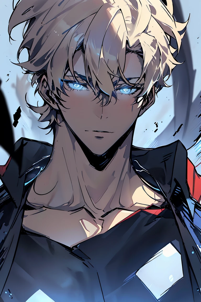 (Masterpiece, hiquality, Best Quality), (((solo))), Mature man with blond medium length hair and blue eyes, short blonde hair, ((pale skin)), blue eyes, color background, , black hat, black cape, (((red shirt))), Detailed outfit, Detailed