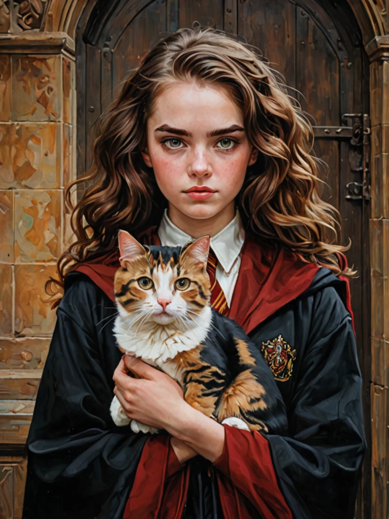 by Arturo Souto, by Brad Kunkle and wlop in the style of Daniel Merriam, solo, 1girl, cute 18 year old woman and her red pet cat, hermione granger, gryffindor uniform, digital painting, pale skin,highly detailed face,black hair, seducing facial expression,wearing a black robe, 1950s,dark background,warm colors, RAW candid cinema,16mm,color graded portra 400 film,remarkable color,ultra realistic,, captured on a (Nikon D850)defiant facial expression 