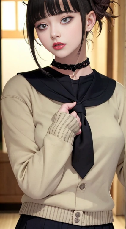 black hair bob,(8K,RAW photos,realisticlying:1.25),(Very lip glosany eyelashes,HighestQuali,Ultra-high resolution,depth of fields,color difference,Caustics,Wide light,natural color,Japanese,Women in their 30s) staring at the audience,choker necklace,bangle,choker necklace,choker necklace,Off-the-shoulder attire,full bodyesbian,,Chest moles,