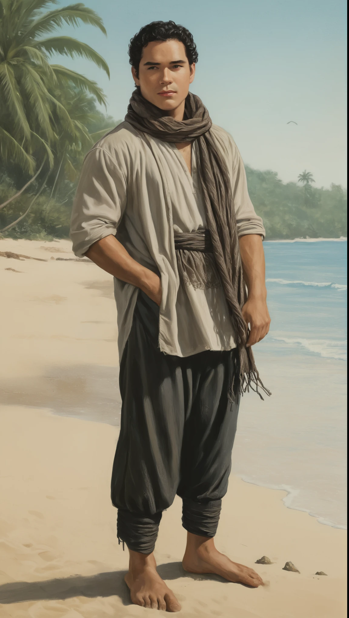 An illustrated movie poster, hand-drawn, full color, a male fisherman, 24 years-old, resembles Dean Cain, wearing ankle-banded pants and a shemagh scarf, fair skin, stocky physique, deep brown eyes, wide bulbous nose, black hair, curly quiff, thick bushy eyebrows, extremely hairy chest, stomach, and arms, lots of body hair, posing on a tropical beach, hard shadows, graphite shading, stencil markings, airbrushed acrylic paint, masterpiece, in the style of Lord of the Rings