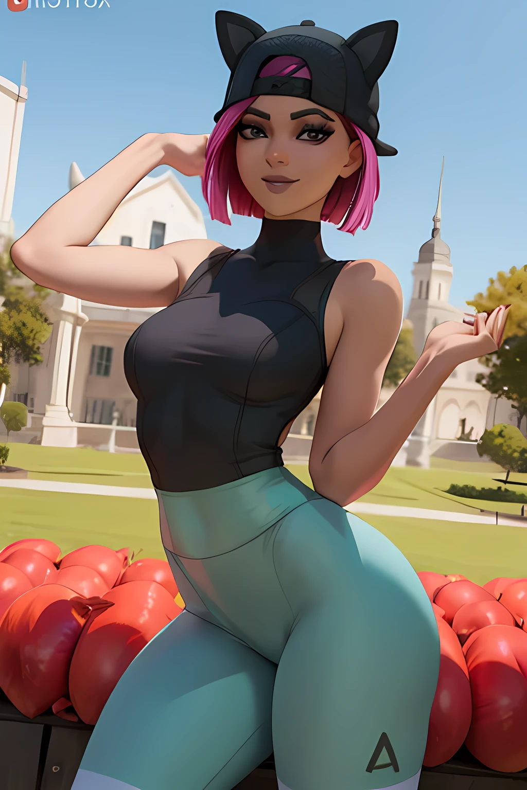 1 chica, (Obra maestra), (mejor calidad), de pie, (solo), mirando al espectador, alto detallado,extremadamente detallado, ojos finos, sonrisa,dynamic pose, pelo corto rosa,gorra,top corto, chaqueta,guante sin dedos,curvas,bosque,Anteojos,(leggins grises),(retrato:1.2),