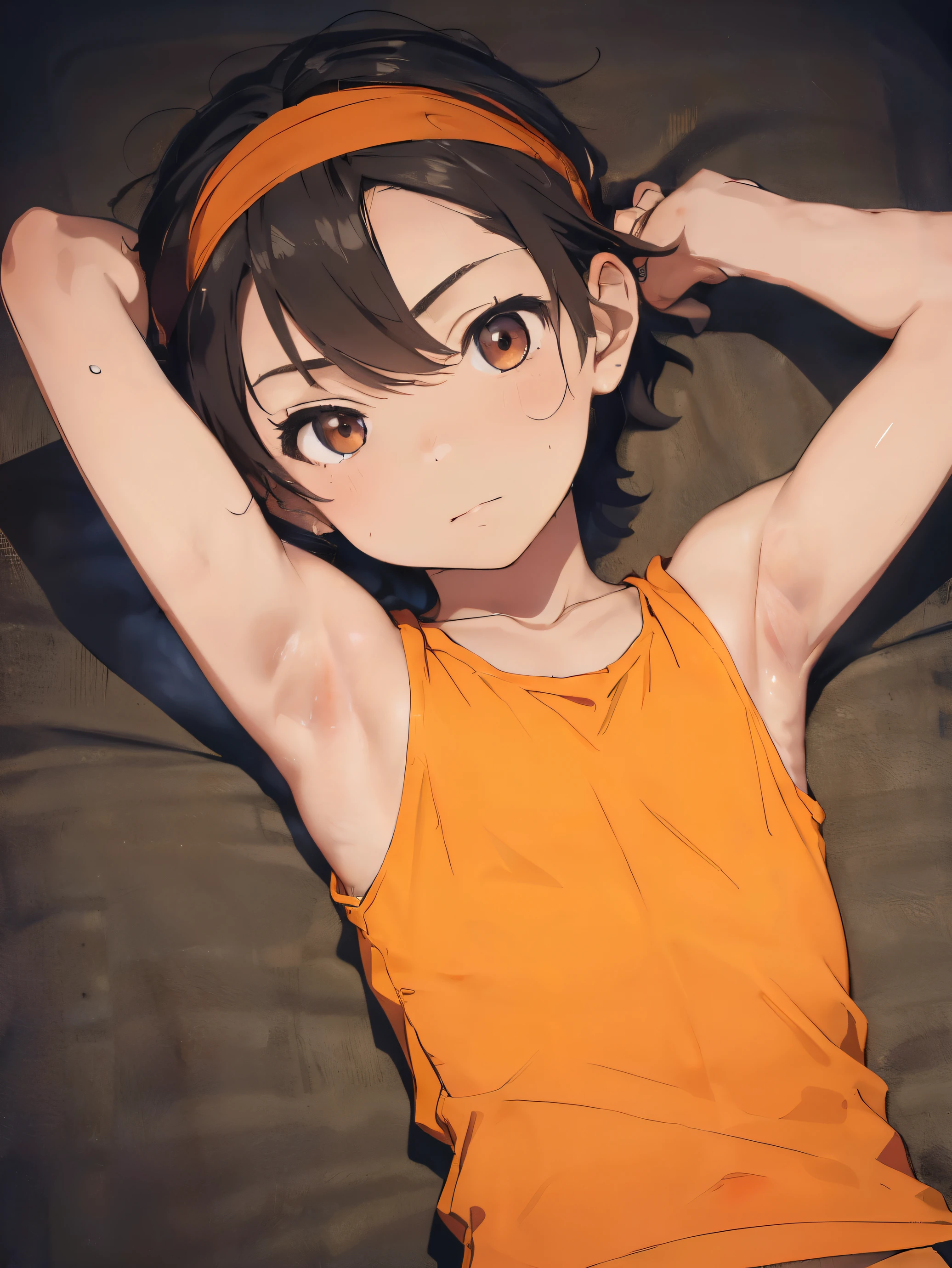 Highres, Masterpiece, Best quality at best,Best Quality,hight quality, hight detailed, 1boy, Shota, Orange tank top, Wearing headband, Tank top, (Smooth armpit), (very young boy), (very small and short body), -yeld bo (Showing armpit:1.3), Simple beckground, Little sweat
