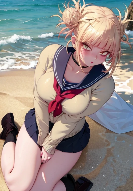 high quality,Accurate, attractive,youthful women, Blue eyes Green eyes Odd eye, rose color cheek, thin lips, black curly hair Beret, face forward, cute Mini dress that shows cleavage, beautiful, Thigh-high Socks loafers, Dangling earrings,Choker necklace, evening beach, sunlight,Angle of View