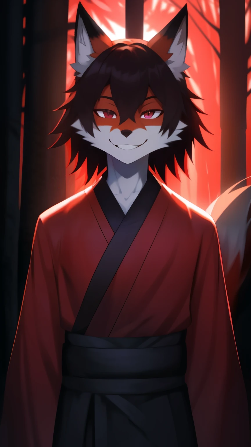 Best quality, super detailed illustration, purple and dark tones, grin, dark aura, black and red, Two tons, Dark shade, red tint, high contrast, dark lighting, offering a deal, Ideal lighting, (Fluffy fox boy:1.4), red and black colors, feminine face and body, disheveled thick hair, samurai clothing, Japanese atmosphere ,at an outpost in the middle of the forest, smug smile, half-closed eyes , Femboy, slim, perfect body, style "DND"