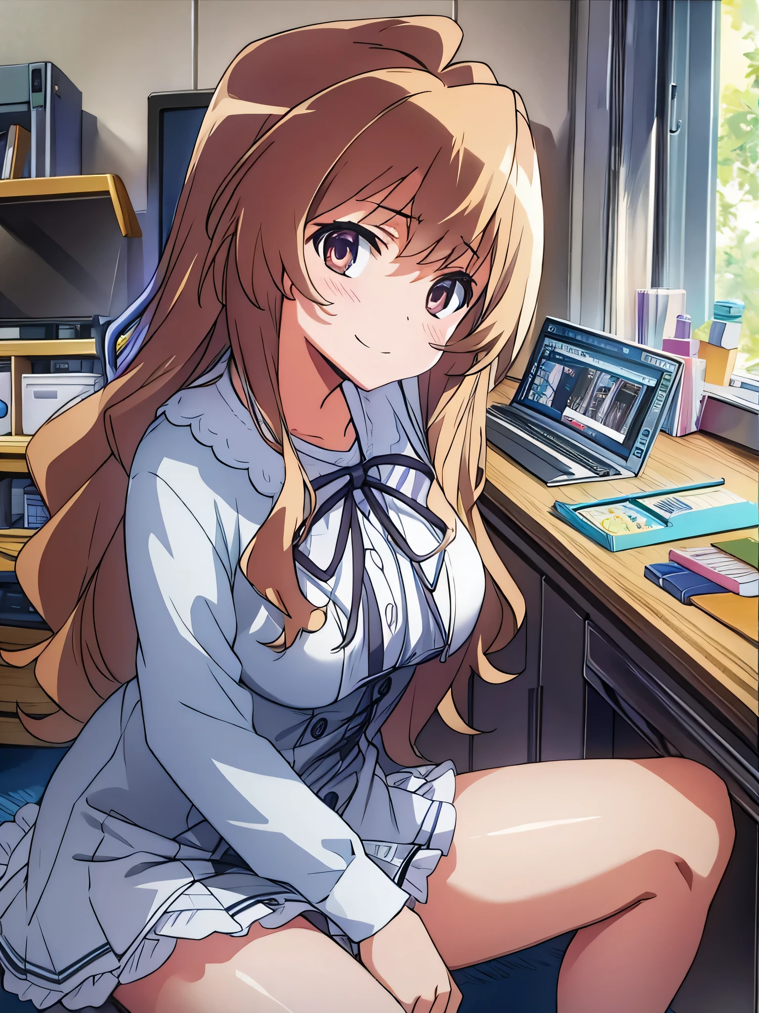 、Kindergarteners、、6 years old、、、(Very detailed CG Unity 4k wallpaper),(masterpiece),(highest quality),(Very detailed),(Best illustrations),(Best Shadow),(Absurd),(Detailed Background), Taiga Aisaka, Aisaka Taiga, Long Hair, Brown Hair, One girl, , Brown eyes, oohashi high , alone, machine、Big Breasts、Sit with your legs apart、Cute patterned panties、blush、smile