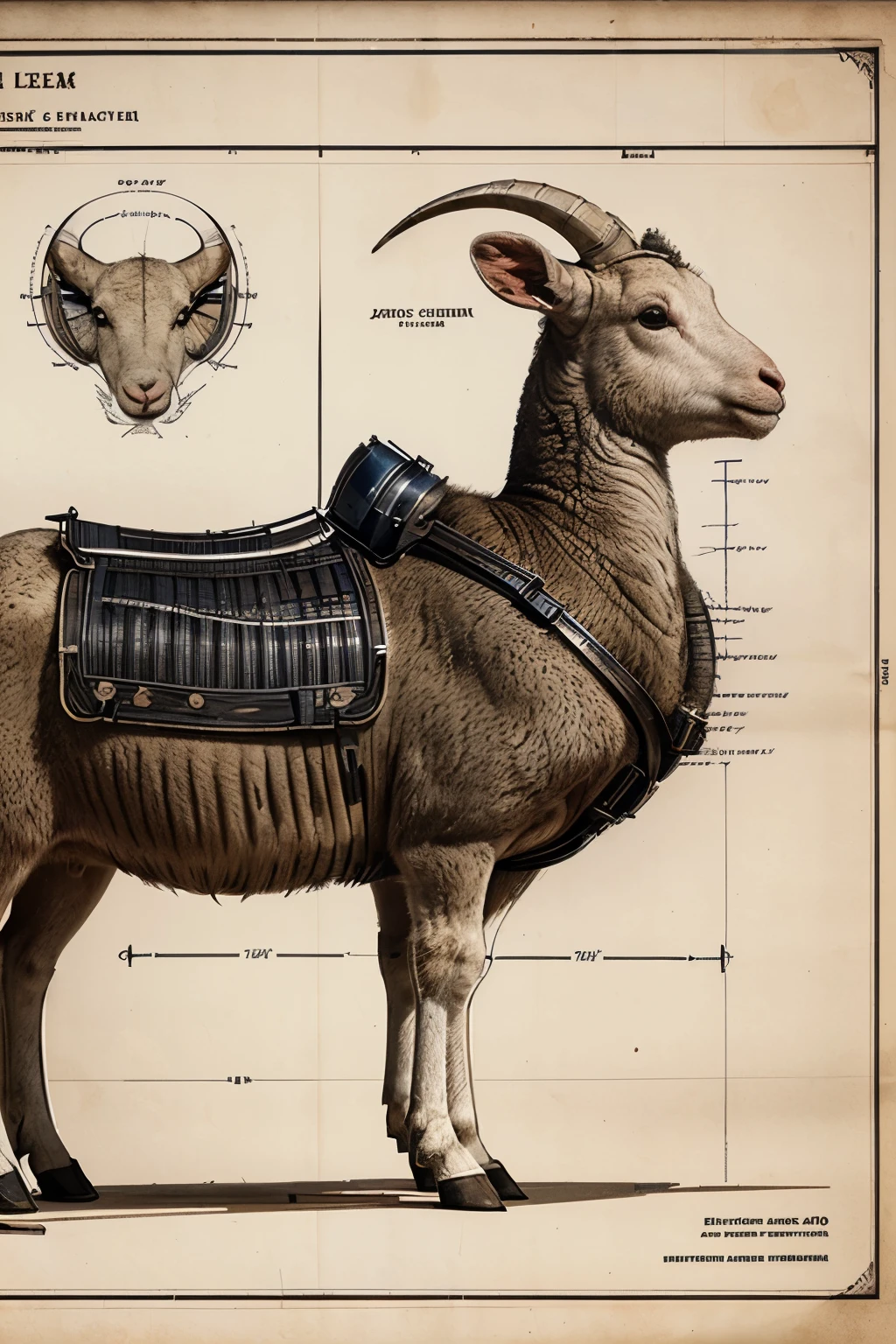 Highly detailed technical drawing of a lamb The illustrations should include a side view, cross-sections, and exploded views to show both the exterior and interior organs. Labeled parts with annotations specifying materials, dimensions, and other anatomic specifications. Style vintage engineering blueprint, and educational intent